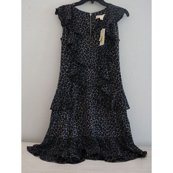 Michael Kors Women's Sz Small Malachite Gray Cheetah Print Ruffled Dress $125 - Picture 1 of 8